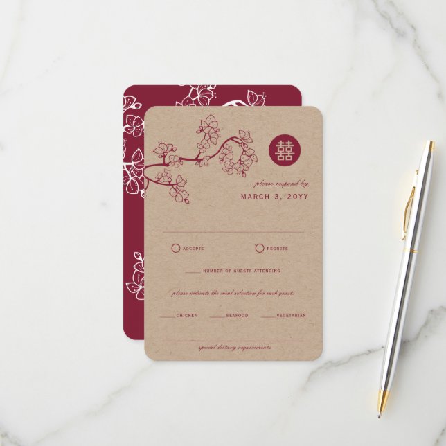 Cartão RSVP Casamento Chinês de Crimson Peach/Plum Blossoms Kr (Frente/Verso In Situ)