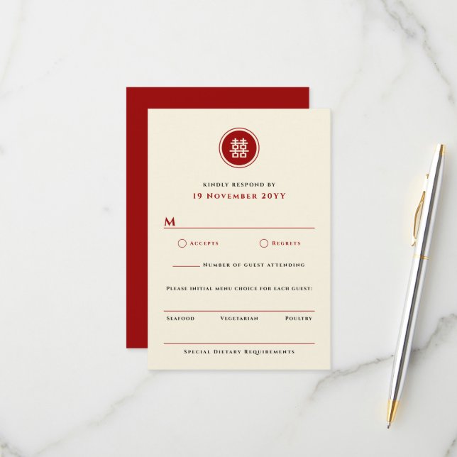Cartão RSVP Casamento Chinês de Felicidade Dupla em Círculo Cl (Frente/Verso In Situ)