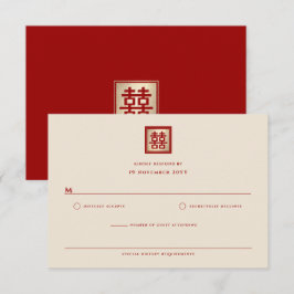 Cartão RSVP Casamento Chinês de Felicidade Dupla Praça Dourada