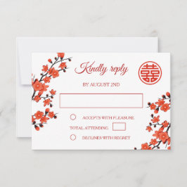 Cartão RSVP Casamento Chinês de Flor de Cereja Vermelha