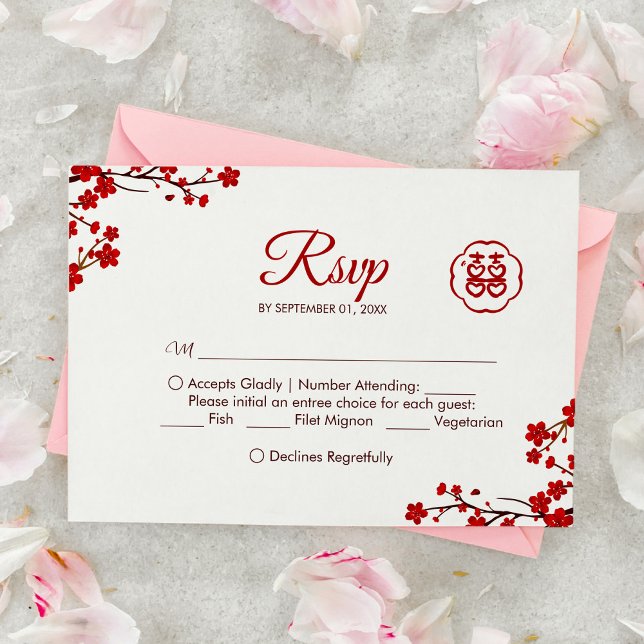 Cartão RSVP Casamento Chinês Elegante de Felicidade Dupla (Criador carregado)