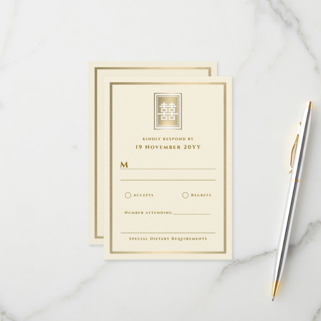Cartão RSVP Casamento Chinês Elegante de Felicidade Dupla Dour (Frente/Verso In Situ)