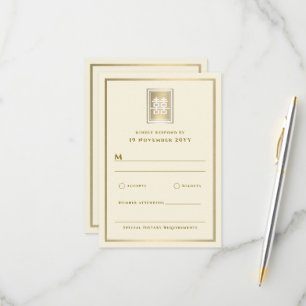 Cartão RSVP Casamento Chinês Elegante de Felicidade Dupla Dour