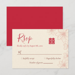 Cartão RSVP Casamento chinês floral vermelho e bege Boho