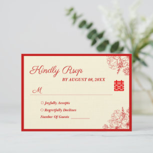 Cartão RSVP Casamento chinês vermelho bege floral oriental