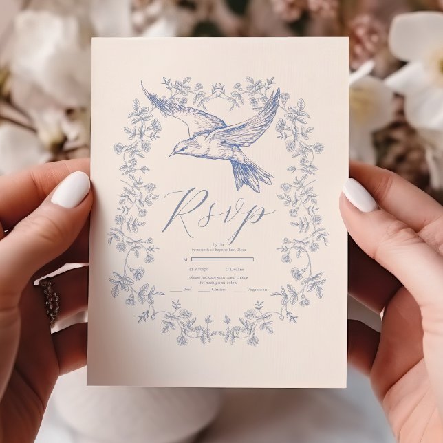 Cartão RSVP Casamento Clássico Azul-Branco Vitoriano (Criador carregado)