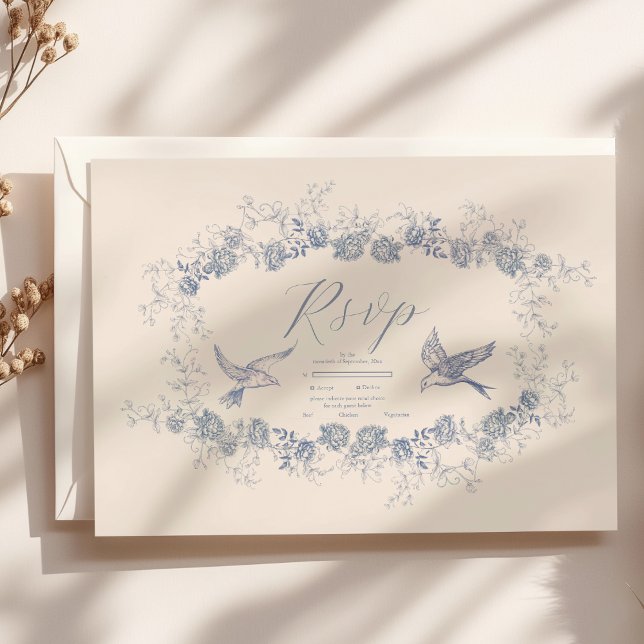 Cartão RSVP Casamento Clássico Azul-Branco Vitoriano (Criador carregado)