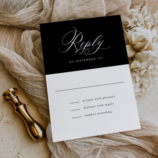 Cartão RSVP Casamento Clássico Branco e Preto de Script Elegan (Criador carregado)