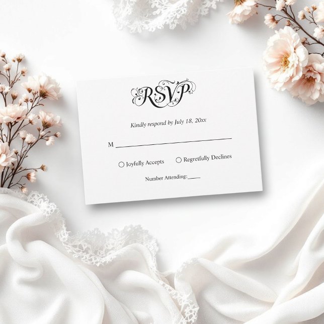 Cartão RSVP Casamento Clássico Branco e Preto de Script Elegan (Criador carregado)