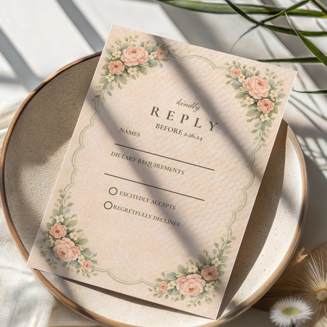 Cartão RSVP Casamento Clássico com Arco de Rosa Bege (Criador carregado)