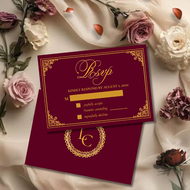 Cartão RSVP Casamento Clássico com Moldura de Ouro e Monograma (Criador carregado)