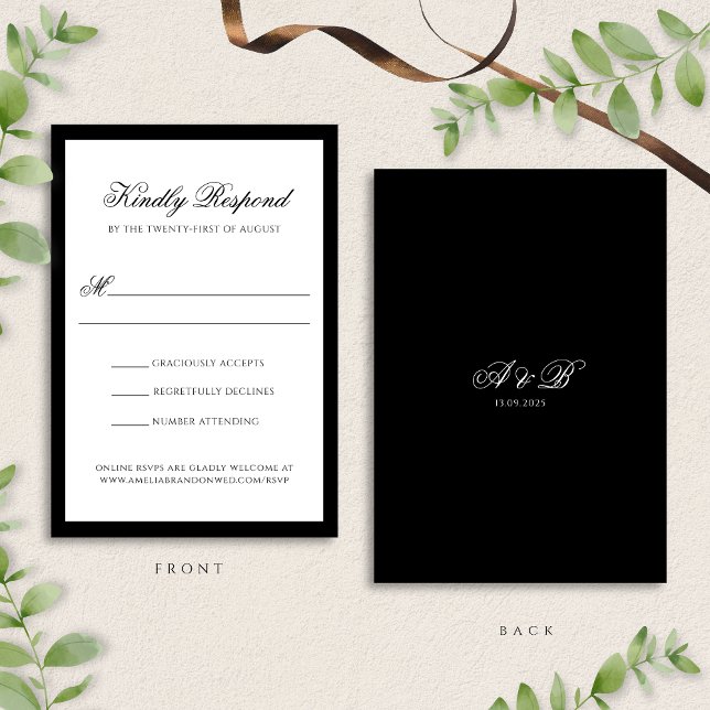 Cartão RSVP Casamento clássico de Black-Tie Monogramas (Criador carregado)