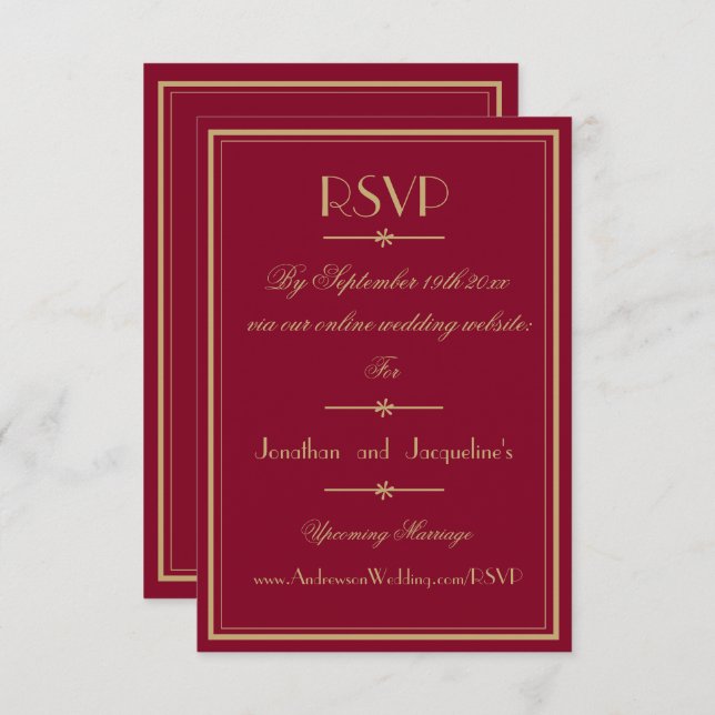 Cartão RSVP Casamento Clássico de Burgundy Chic com Script Ele (Frente/Verso)