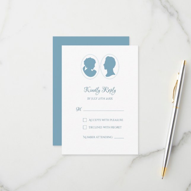 Cartão RSVP Casamento Clássico de Cameo Azul (Frente/Verso In Situ)