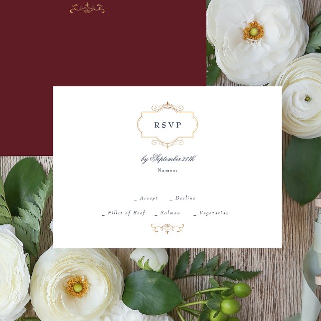 Cartão RSVP casamento clássico de marinho burgundy (Criador carregado)
