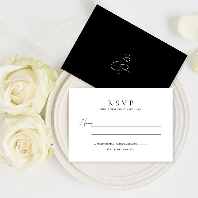 Cartão RSVP Casamento clássico de Na moda branco e preto (Criador carregado)