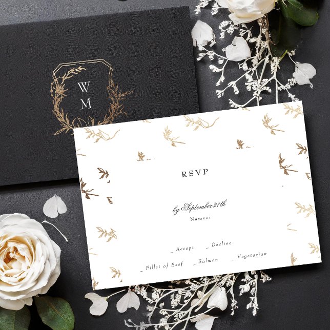 Cartão RSVP casamento clássico do monograma branco preto (Criador carregado)