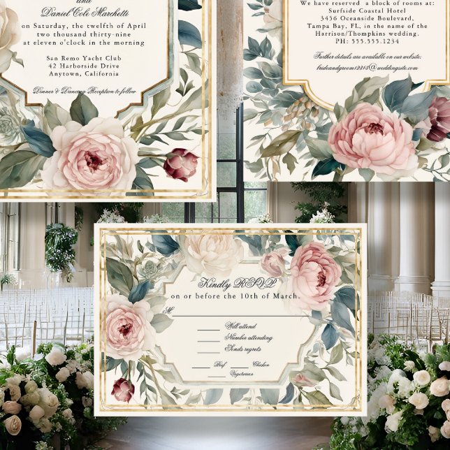 Cartão RSVP Casamento Clássico Dourado do Elegante Floral Fran (Criador carregado)