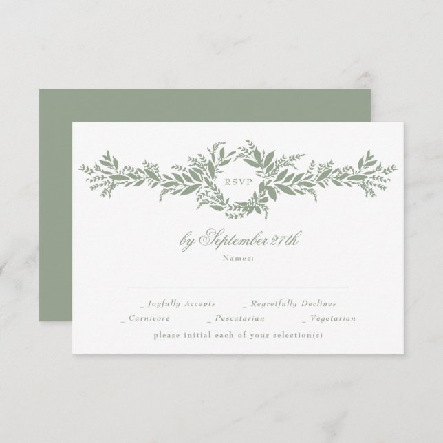 Cartão RSVP casamento clássico elegante de sábio verde leafy (Frente/Verso)