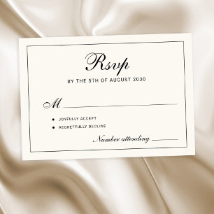 Cartão RSVP Casamento clássico elegante em preto e marfim