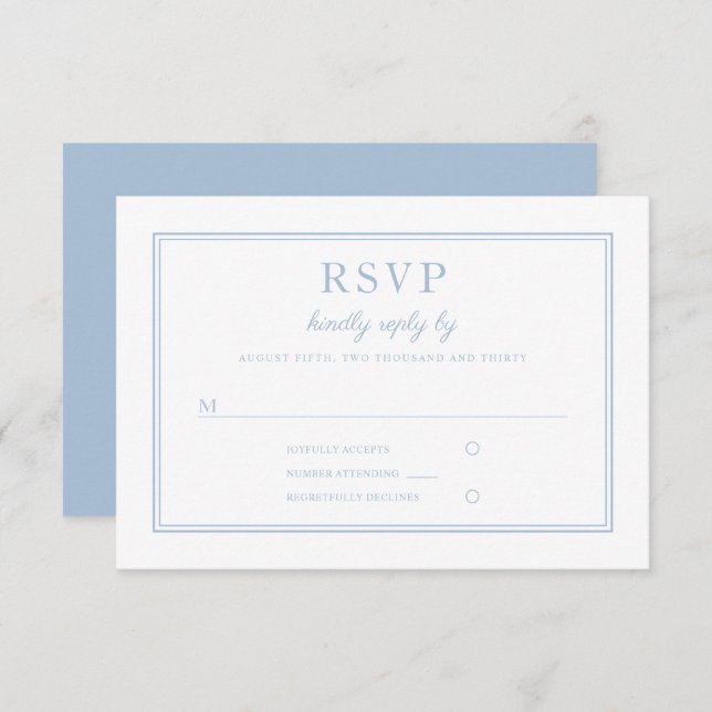 Cartão RSVP Casamento Clássico Elegante Pó Azul Script (Frente/Verso)
