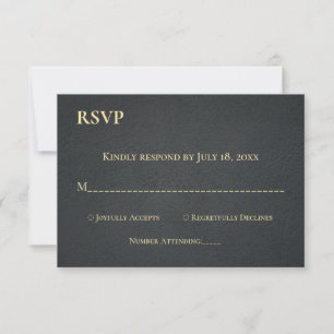 Cartão RSVP Casamento Clássico Elegante Preto E Dourado Script
