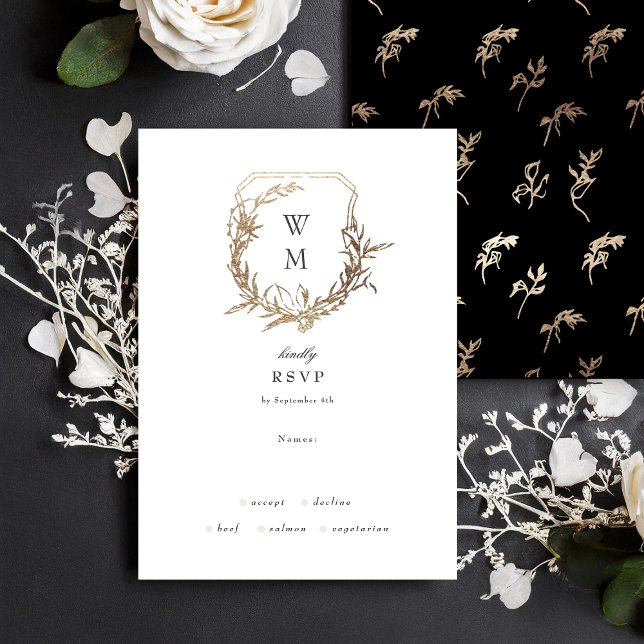 Cartão RSVP Casamento clássico floral preto Dourado branco (Criador carregado)