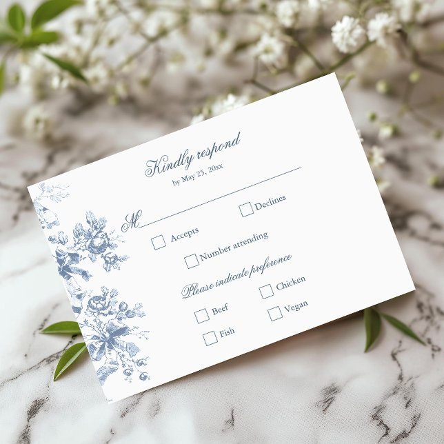 Cartão RSVP Casamento Clássico Francês com Flores Azuis e Fita (Criador carregado)