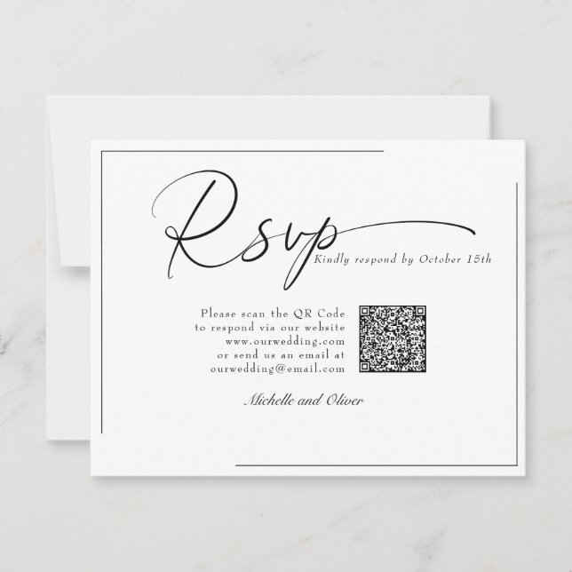 Cartão RSVP Casamento Clássico Moderno de Caligrafia Código QR (Frente)
