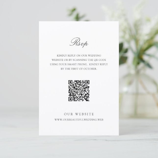 Cartão RSVP Casamento Clássico Preto e Branco com Código QR de (Em pé/Frente)