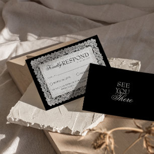 Cartão RSVP Casamento Clássico Preto e Branco com Renda Old Mo