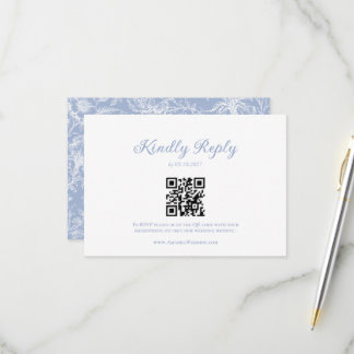 Cartão RSVP Casamento Código QR Azul Empoeirado Francês Vitori