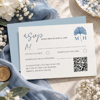 Cartão RSVP Casamento Código QR Azul Poeira Elegante