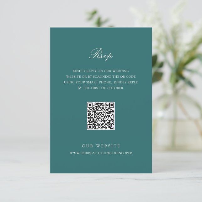 Cartão RSVP Casamento Código QR Clássico em Verde Água Dinheir (Em pé/Frente)
