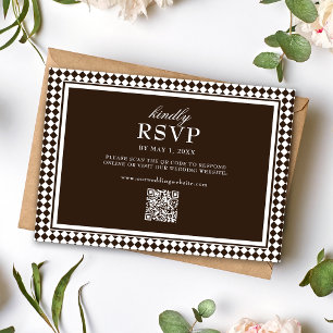Cartão RSVP Casamento Código QR de Borda Harlequin Marrom Choc