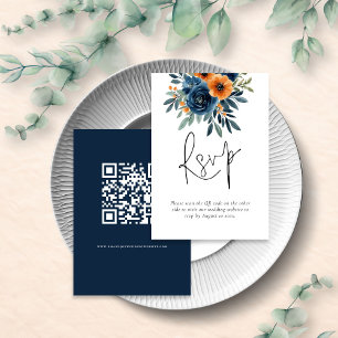 Cartão RSVP Casamento Código QR de Florais Azul Marinho Laranj