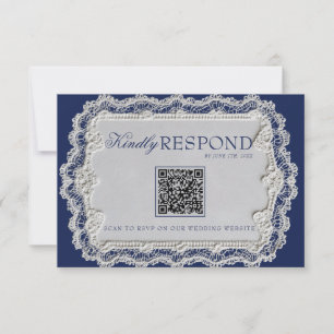 Cartão RSVP Casamento Código QR de Renda Azul Marinho Vintage