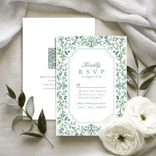 Cartão RSVP Casamento Código QR Floral Botânico Sage Vintage