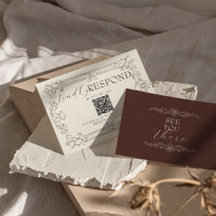 Cartão RSVP Casamento Código QR Floral Marrom Chocolate Old Mo