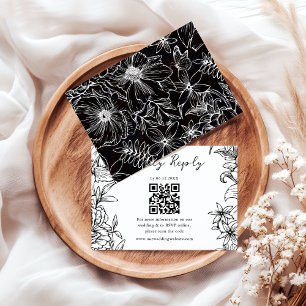 Cartão RSVP Casamento Código QR Floral Preto e Branco Simples 