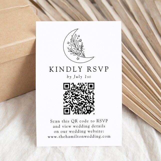 Cartão RSVP Casamento Código QR Lua e Estrelas Botânico Elegan (Criador carregado)