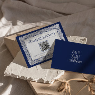 Cartão RSVP Casamento Código QR Royale Blue Lace Doily Old Mon