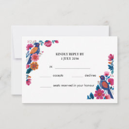 Cartão RSVP Casamento Colorido Boho Folk de Pássaros e Flores