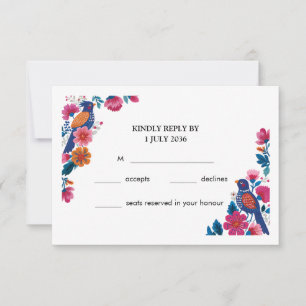 Cartão RSVP Casamento Colorido Boho Folk Pássaros e Flores