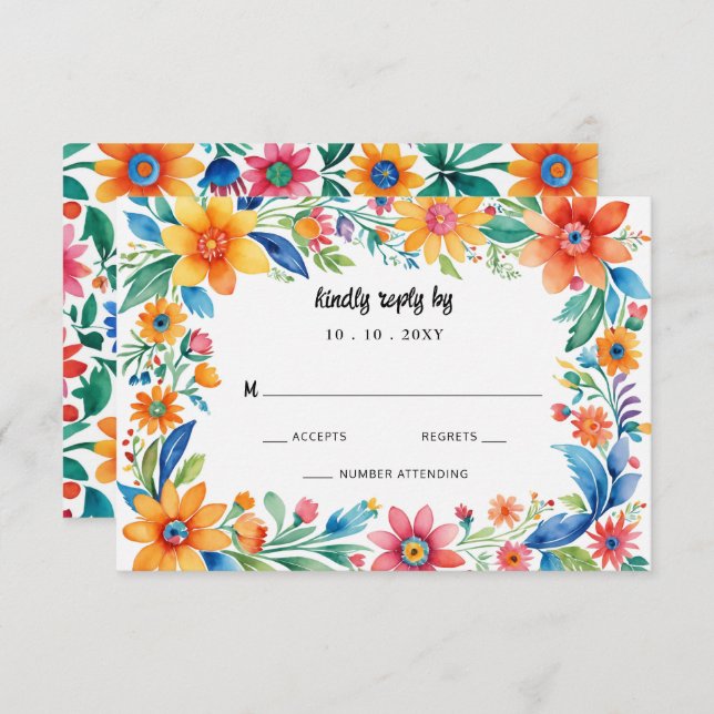 Cartão RSVP Casamento Colorido de Floral Fiesta Mexicano (Frente/Verso)