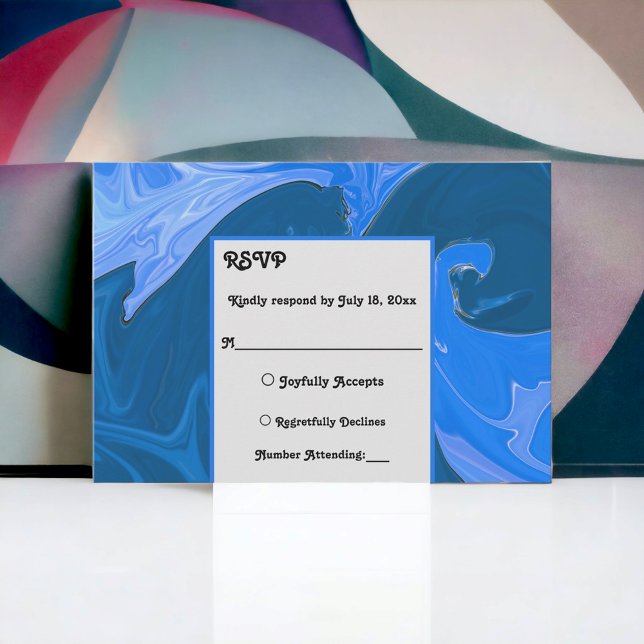 Cartão RSVP Casamento com Abstrato de Ondas Azuis Marinho Mini (Criador carregado)
