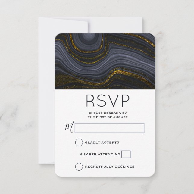 Cartão RSVP Casamento com Abstrato de pedra Dourada e preta mo (Frente)