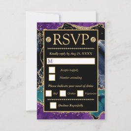 Cartão RSVP Casamento com Ágata Brilhante Dourada Roxa Azul
