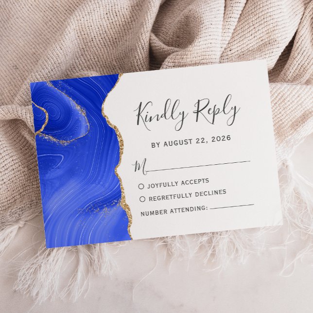 Cartão RSVP Casamento com Agata Dourada Azul Real Moderno (Criador carregado)