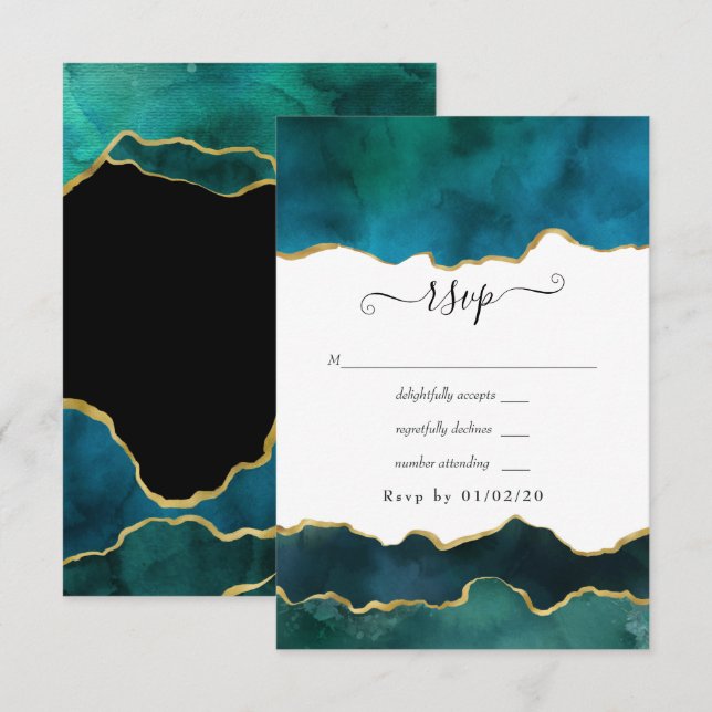 Cartão RSVP Casamento com Ágata Estratificada Verde Azul e Dou (Frente/Verso)